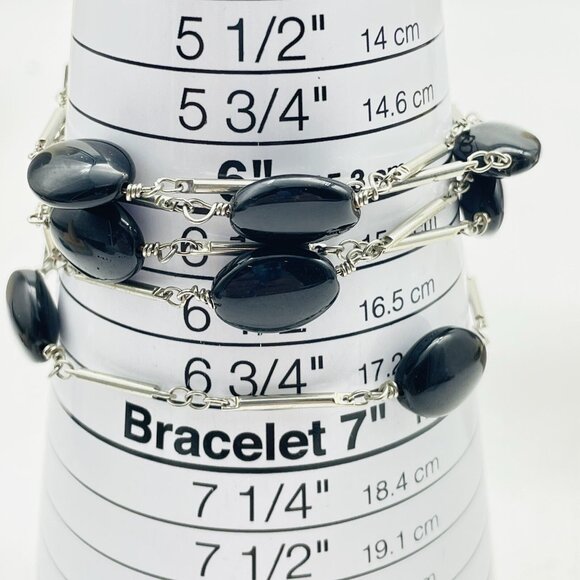 Multi Strand Silver Tone Bracelet Black Oval Cabochon Beads Statement Layered - Picture 6 of 8